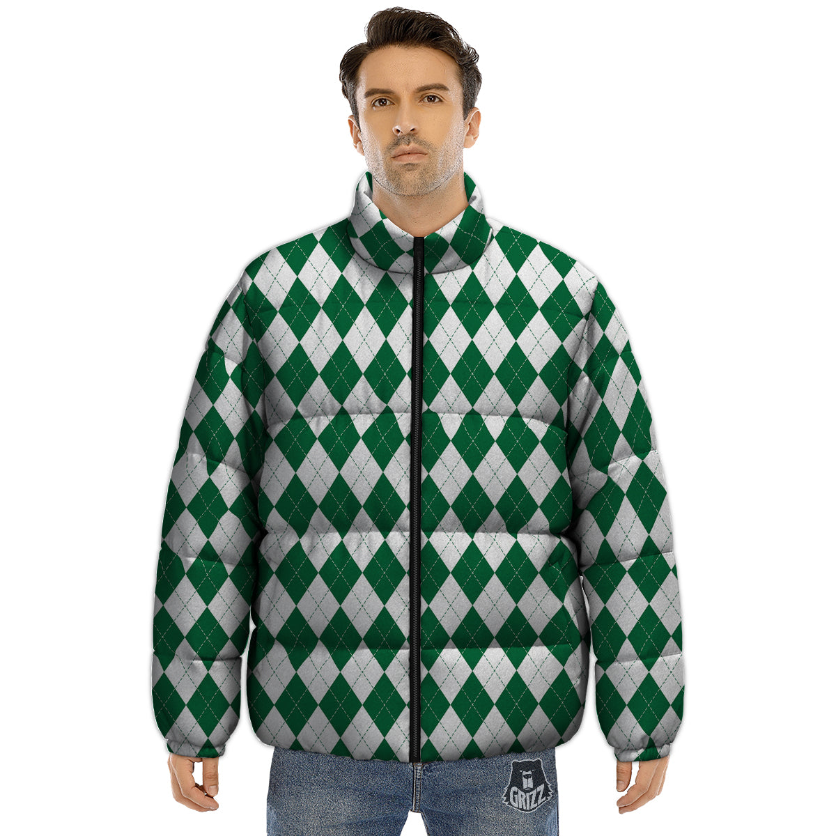 Argyle Green And White Print Pattern Puffer Jacket-grizzshop