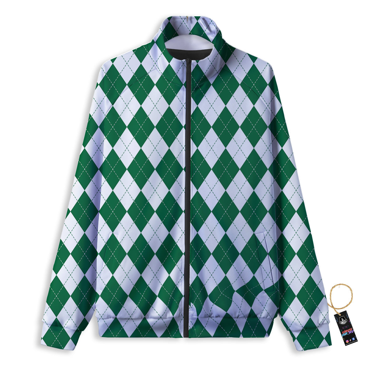 Argyle Green And White Print Pattern Track Jacket-grizzshop