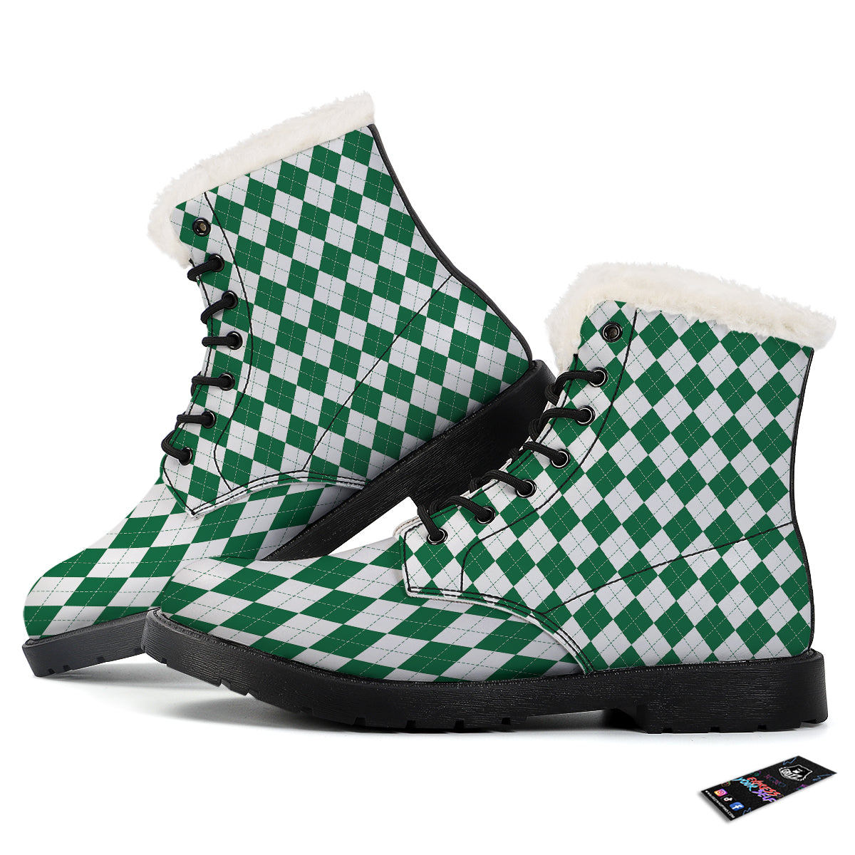 Argyle Green And White Print Pattern Winter Boots-grizzshop