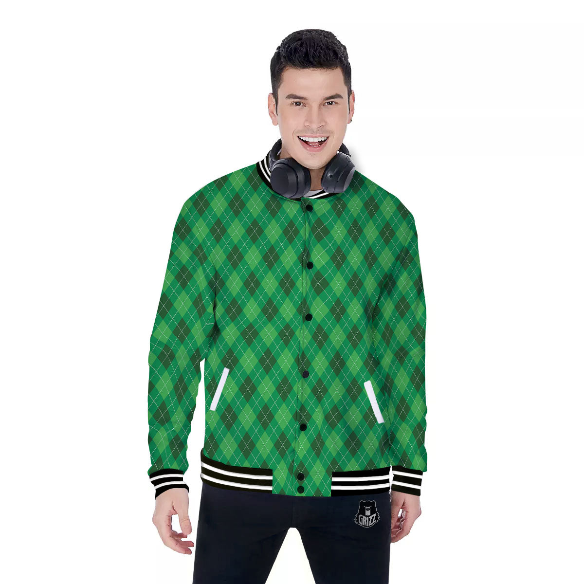 Argyle Green Print Pattern Baseball Jacket-grizzshop