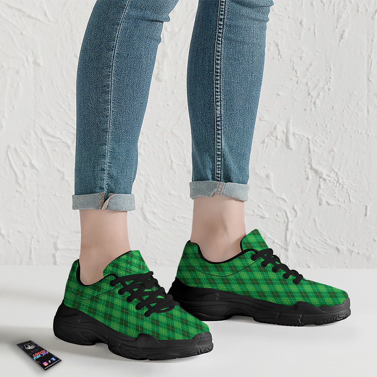 Argyle Green Print Pattern Black Chunky Shoes-grizzshop