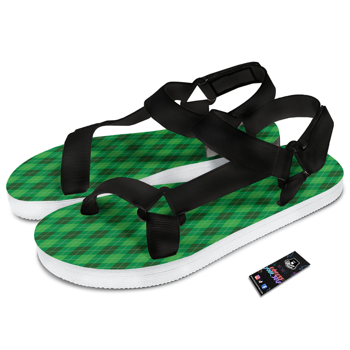 Argyle Green Print Pattern Black Open Toe Sandals-grizzshop