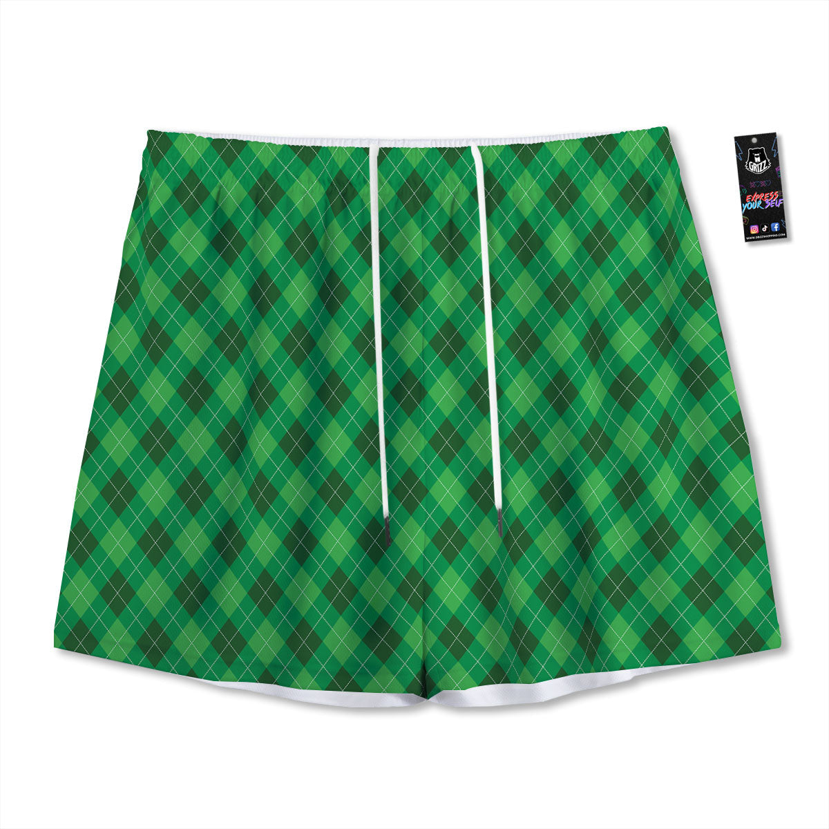 Argyle Green Print Pattern Mesh Shorts-grizzshop