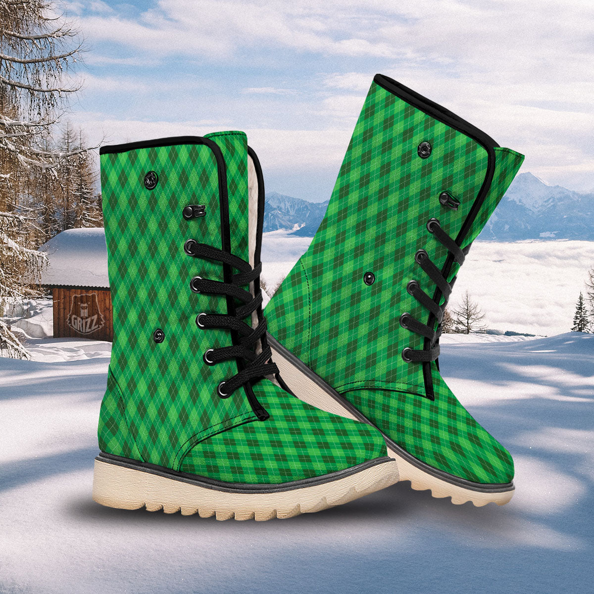 Argyle Green Print Pattern Snow Boots-grizzshop