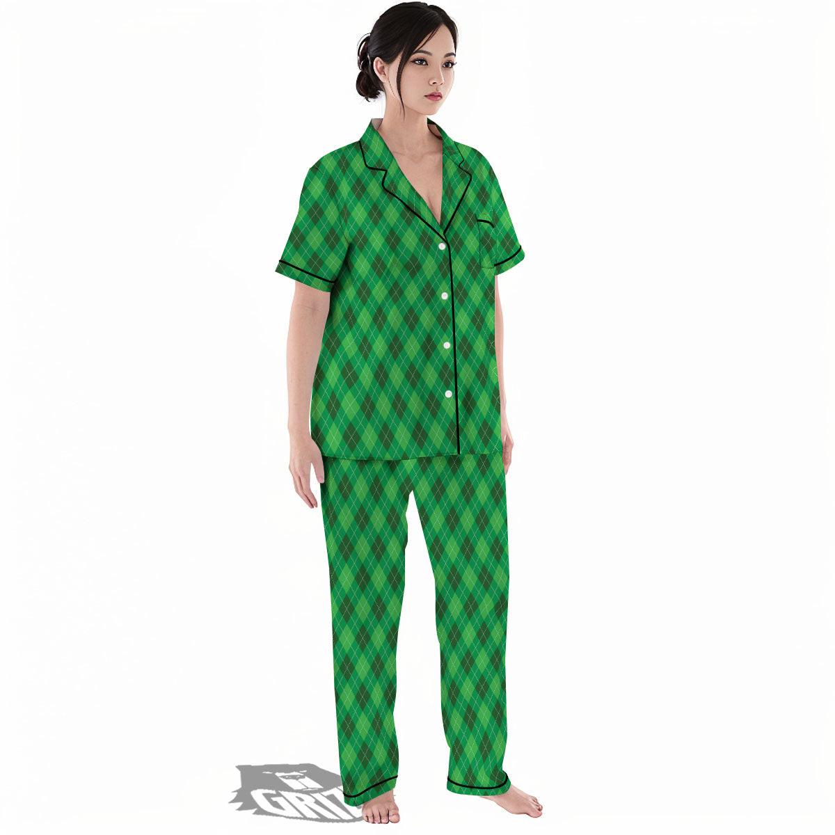 Argyle Green Print Pattern Women's Pajamas Set-grizzshop