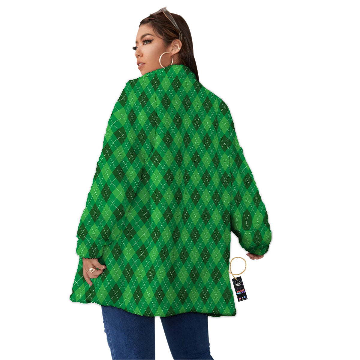 Argyle Green Print Pattern Women's Sherpa Jacket-grizzshop
