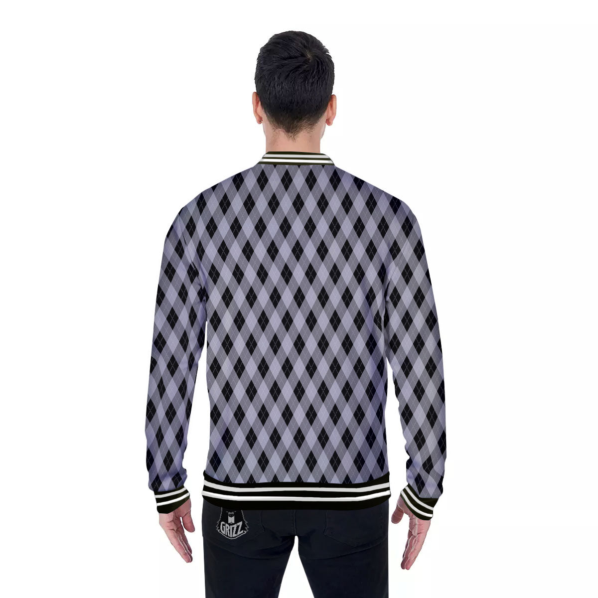 Argyle Grey And Black Print Pattern Baseball Jacket-grizzshop