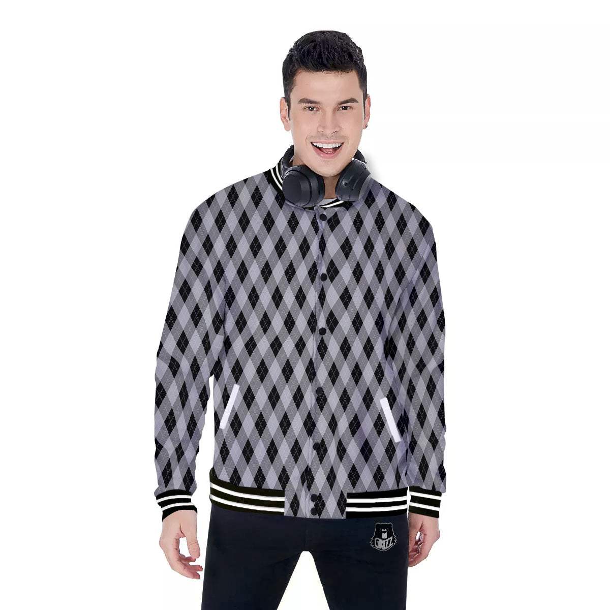 Argyle Grey And Black Print Pattern Baseball Jacket-grizzshop