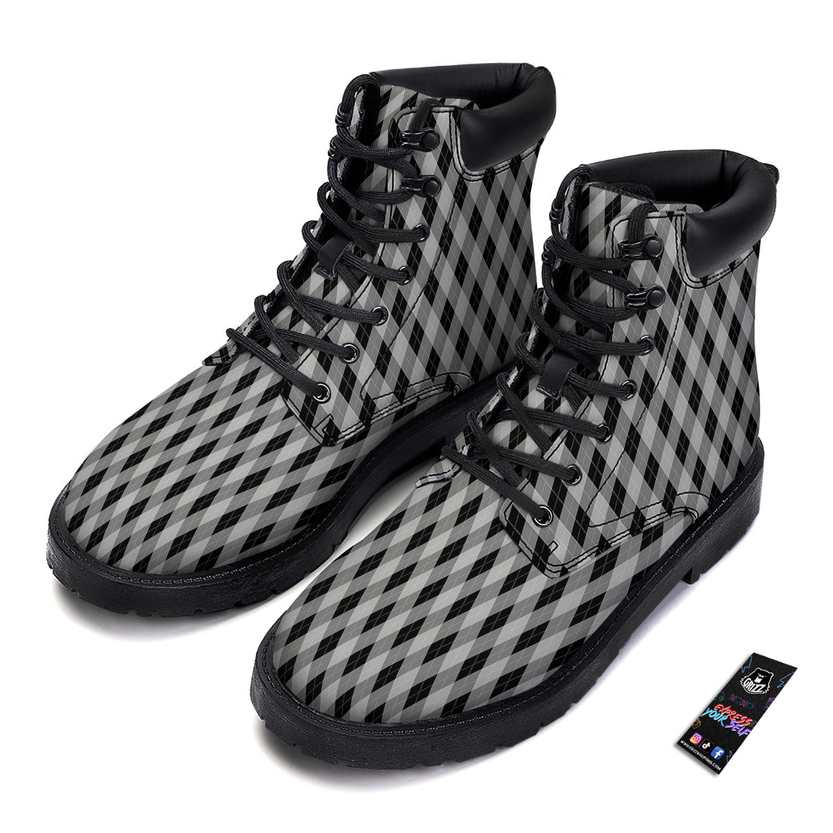 Argyle Grey And Black Print Pattern Boots-grizzshop
