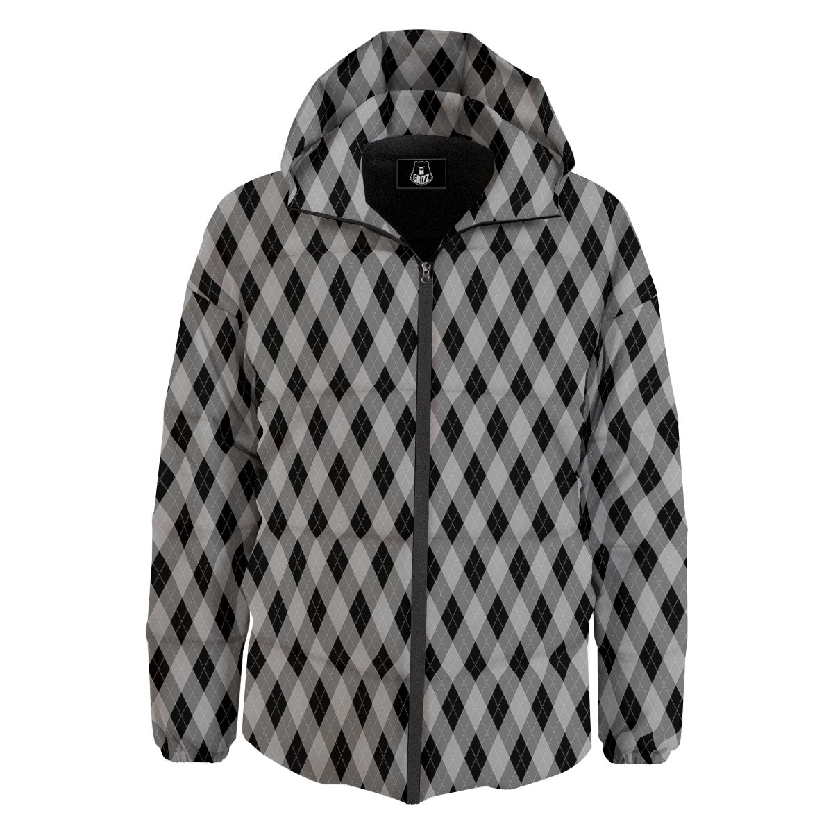 Argyle Grey And Black Print Pattern Down Jacket-grizzshop
