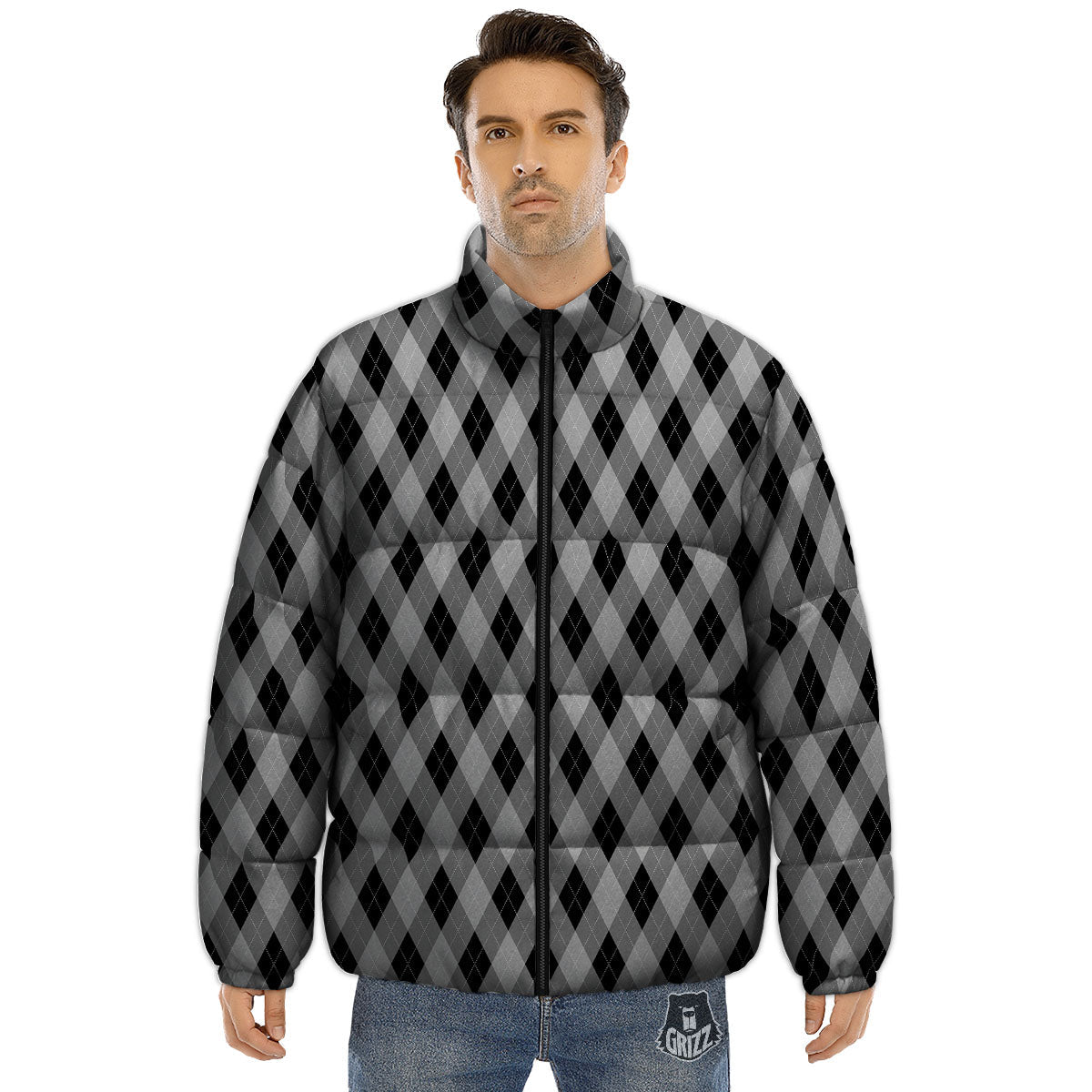Argyle Grey And Black Print Pattern Puffer Jacket-grizzshop