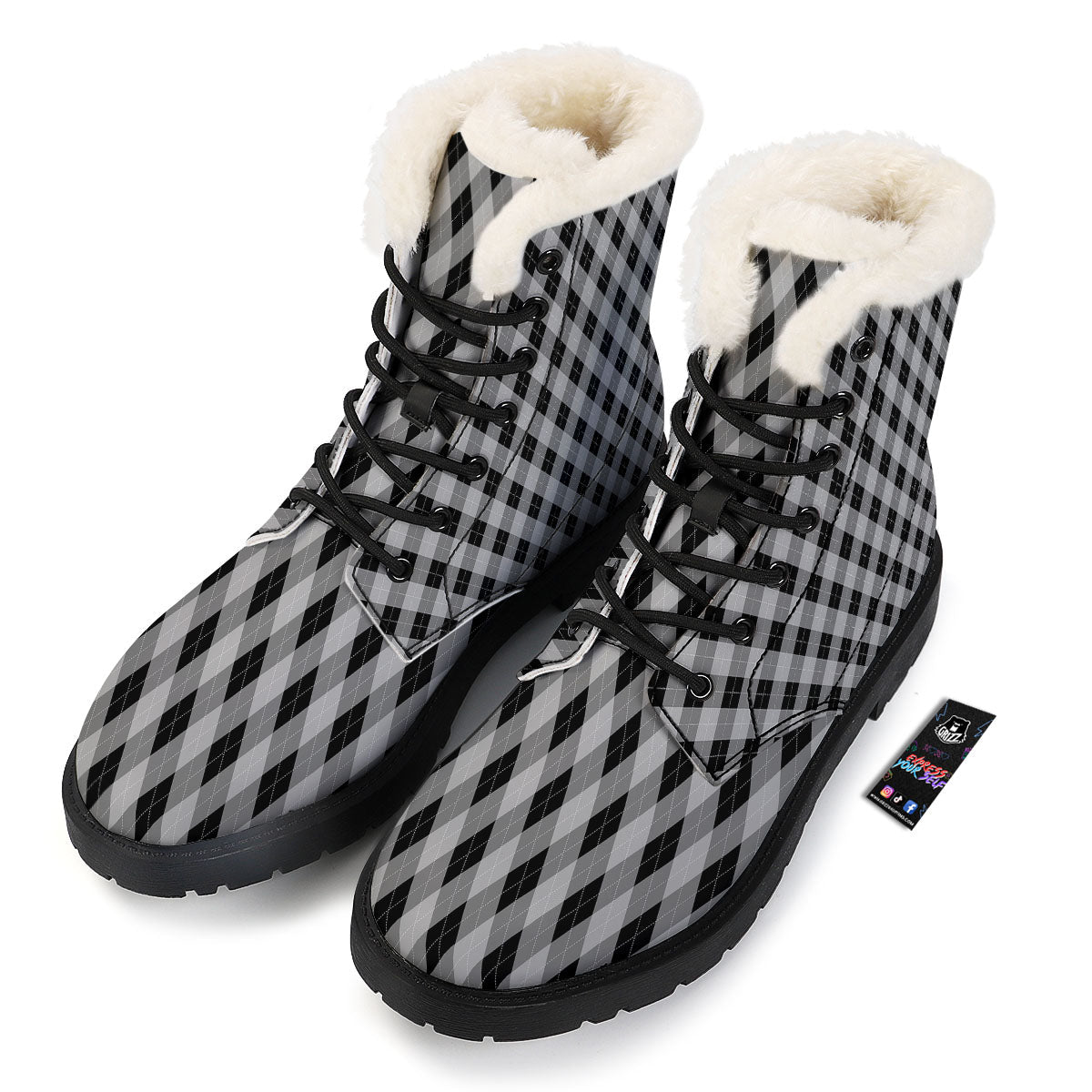 Argyle Grey And Black Print Pattern Winter Boots-grizzshop
