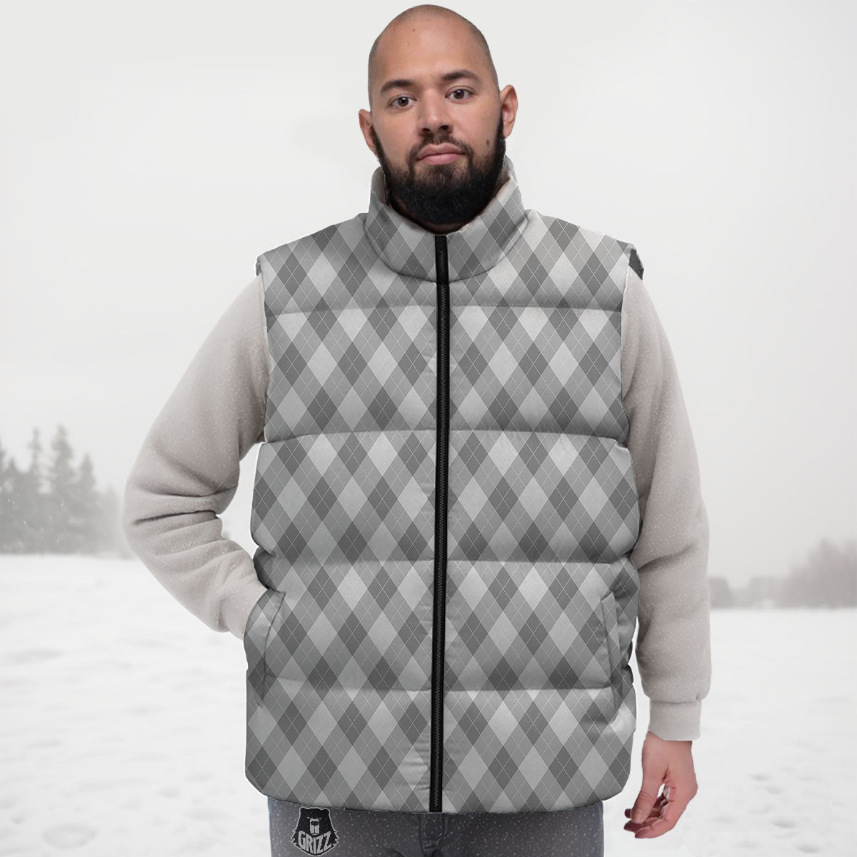Argyle Grey Print Pattern Down Vest-grizzshop