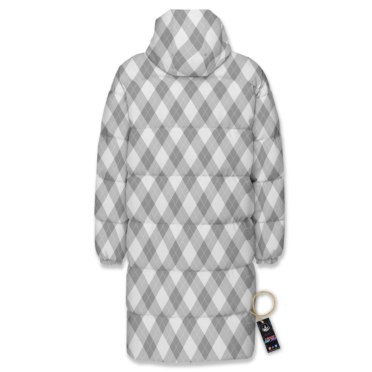 Argyle Grey Print Pattern Long Down Jacket-grizzshop