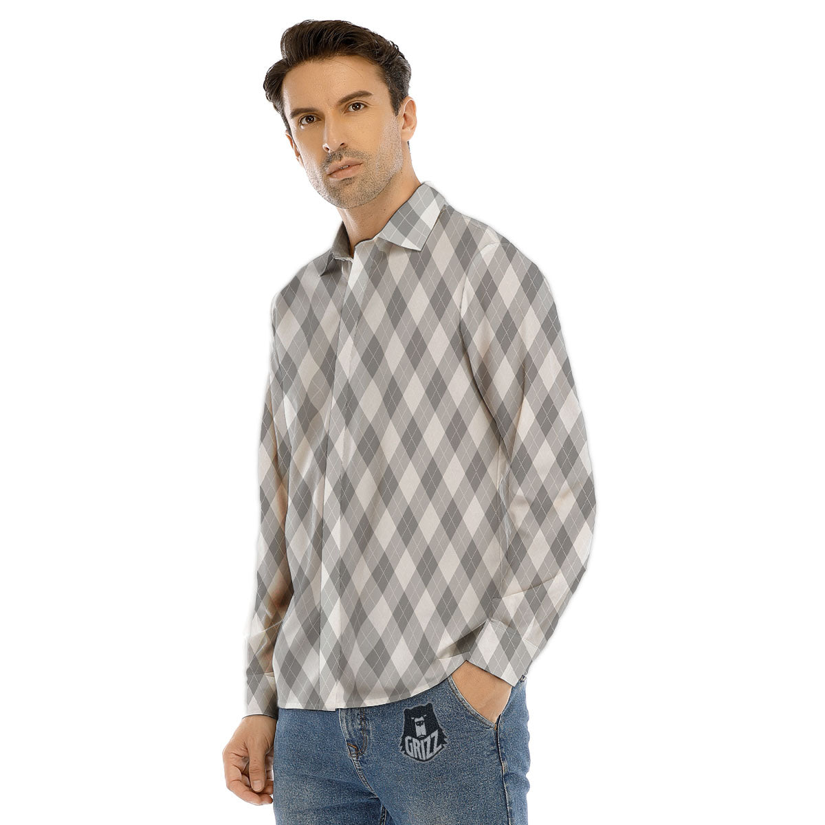 Argyle Grey Print Pattern Men's Dress Shirts-grizzshop