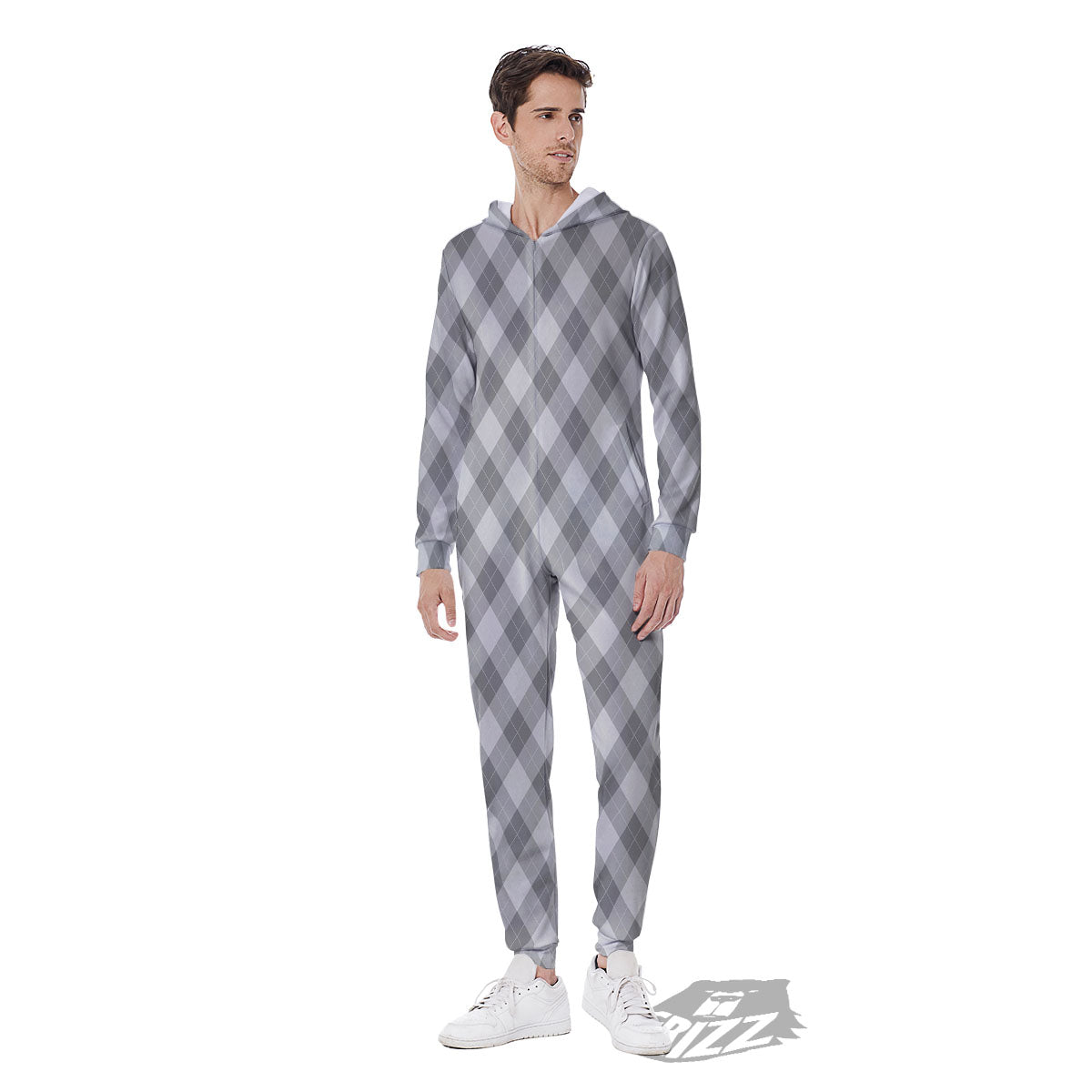 Argyle Grey Print Pattern Men's Jumpsuit-grizzshop