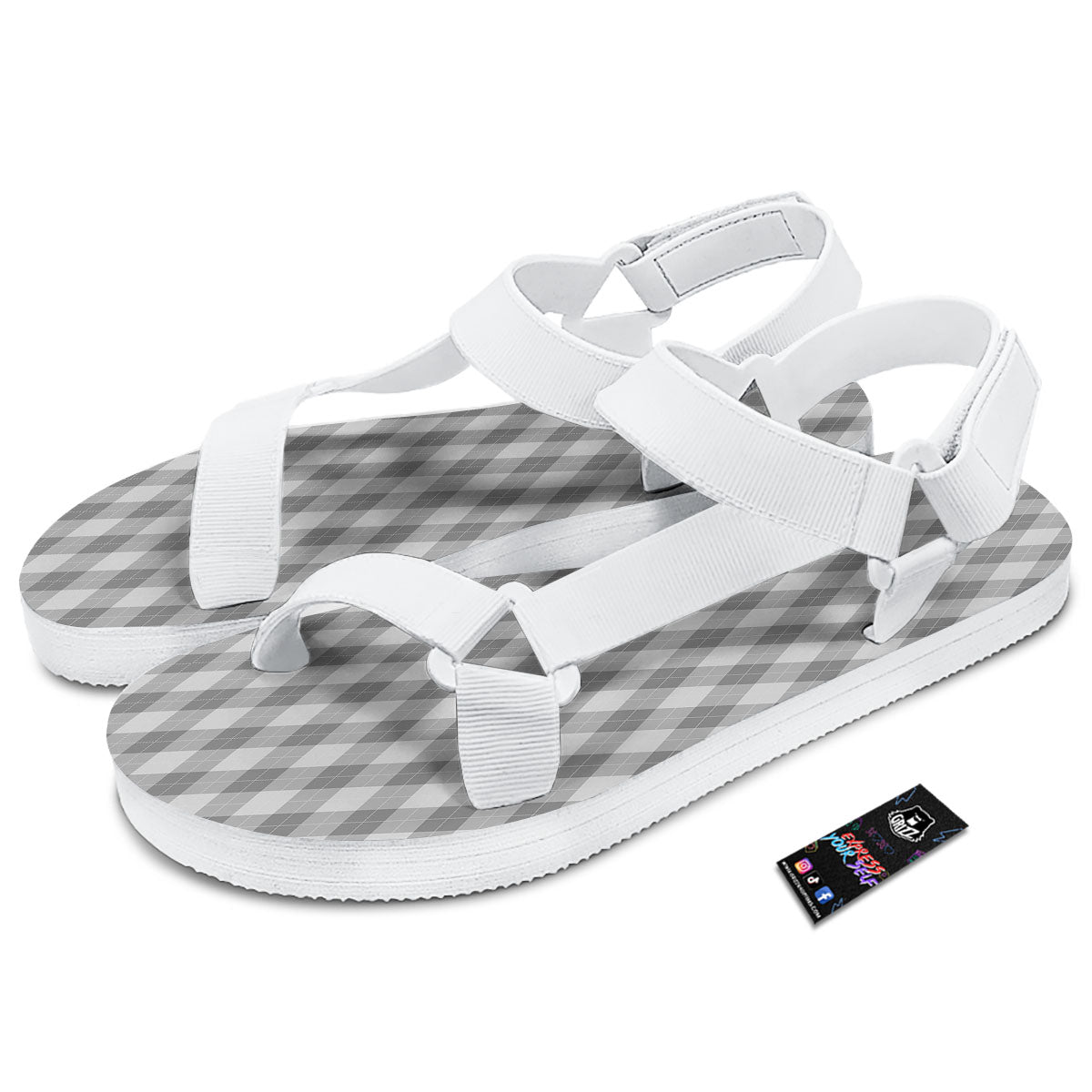 Argyle Grey Print Pattern White Open Toe Sandals-grizzshop