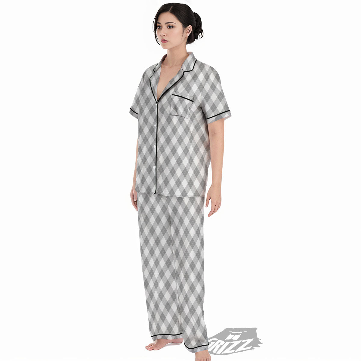 Argyle Grey Print Pattern Women's Pajamas Set-grizzshop