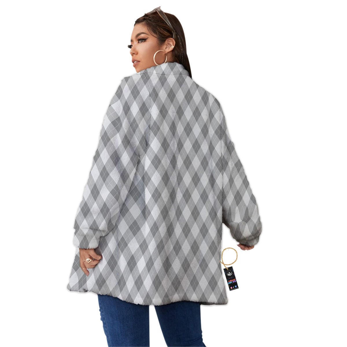 Argyle Grey Print Pattern Women's Sherpa Jacket-grizzshop