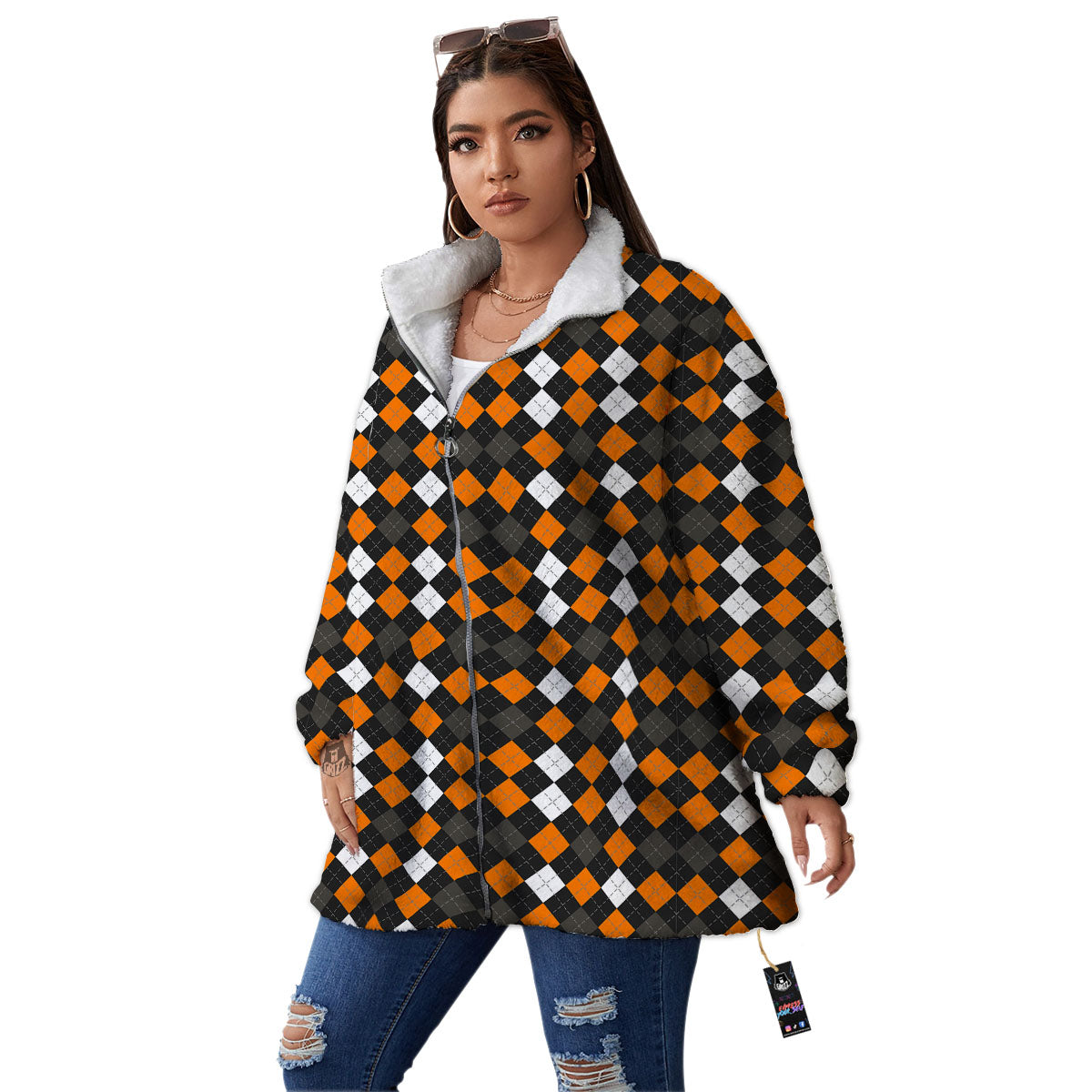 Argyle Halloween Print Pattern Women's Sherpa Jacket-grizzshop