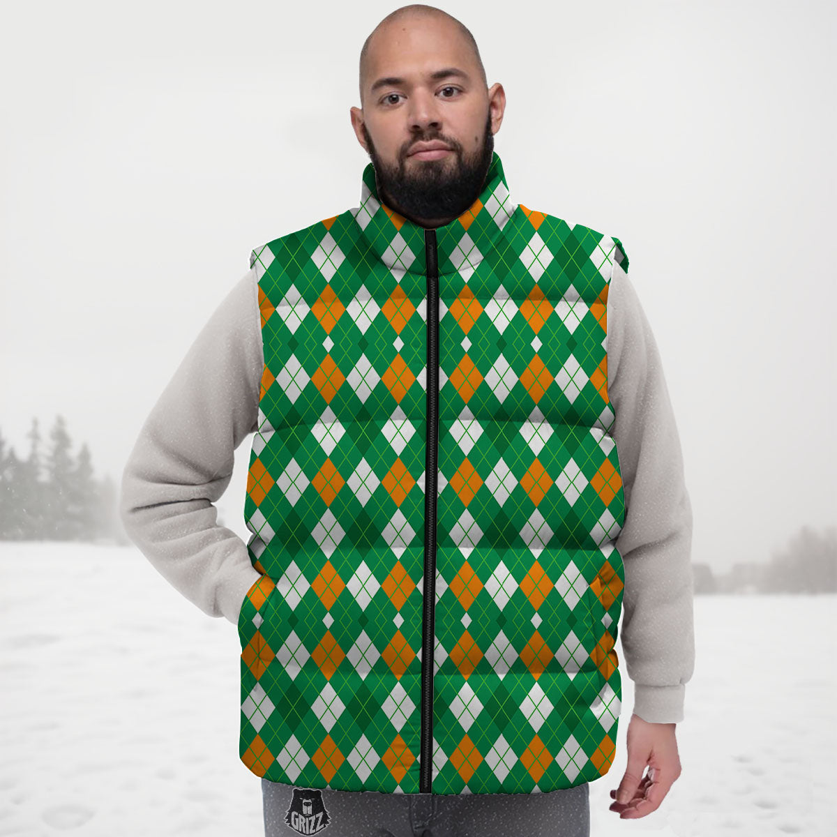 Argyle Irish Print Pattern Down Vest-grizzshop