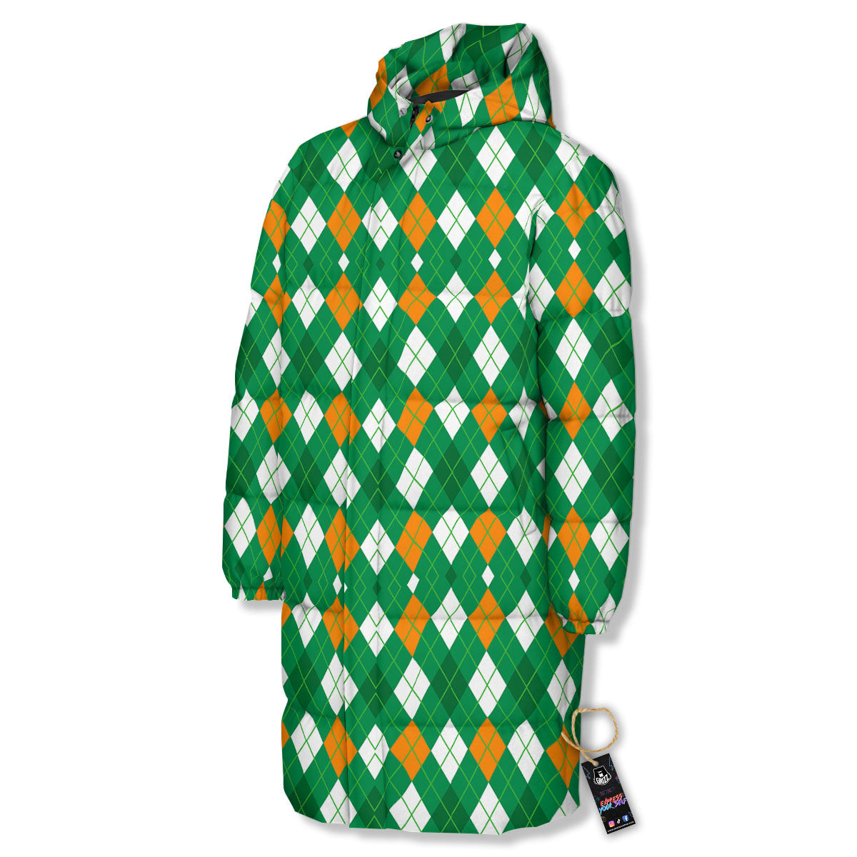 Argyle Irish Print Pattern Long Down Jacket-grizzshop