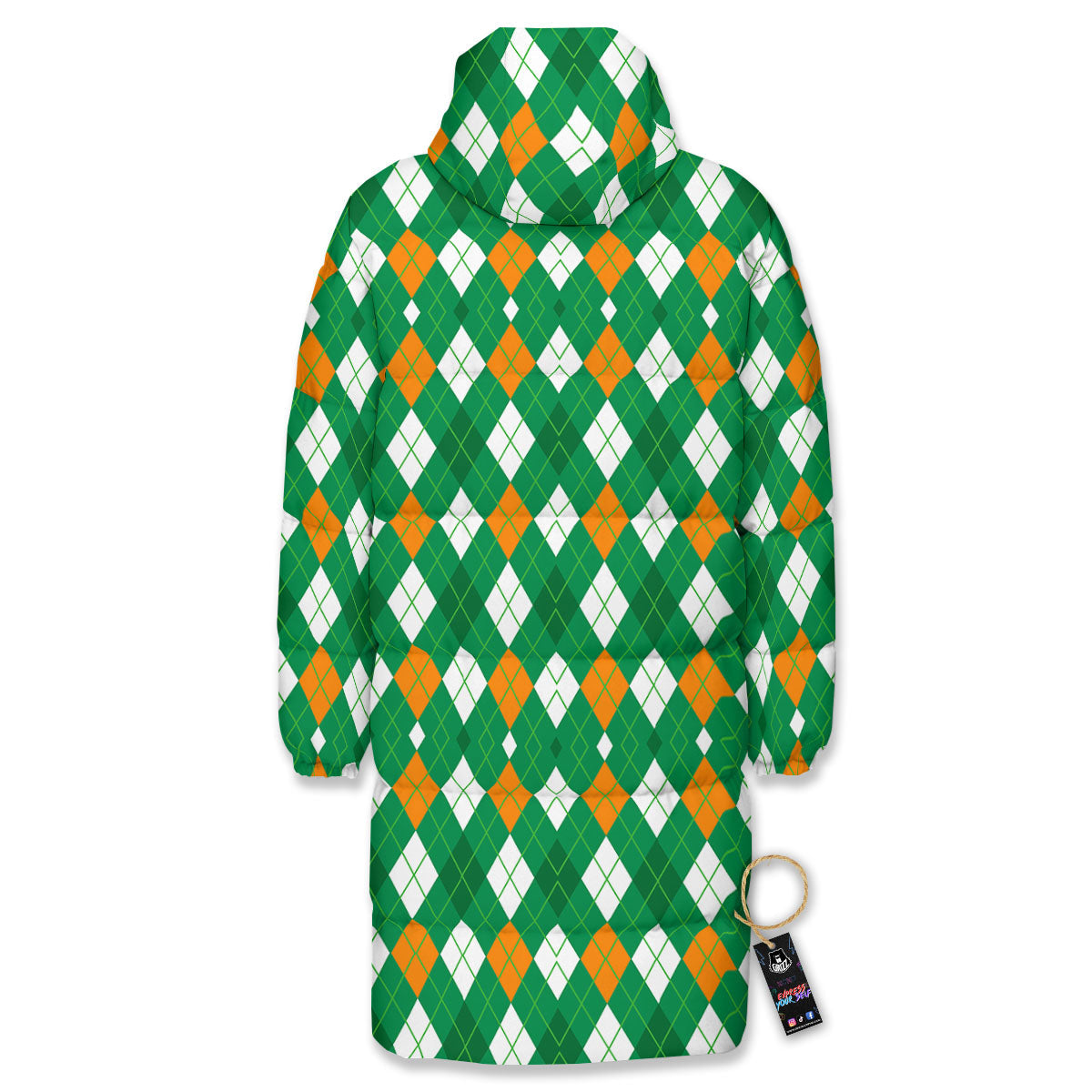 Argyle Irish Print Pattern Long Down Jacket-grizzshop