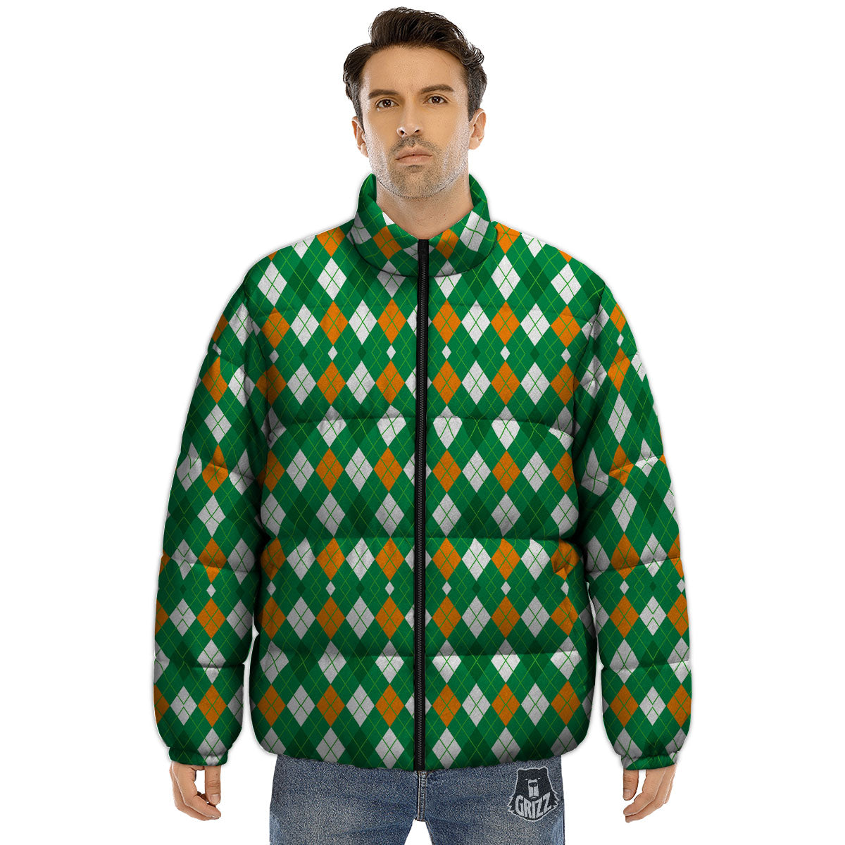 Argyle Irish Print Pattern Puffer Jacket-grizzshop