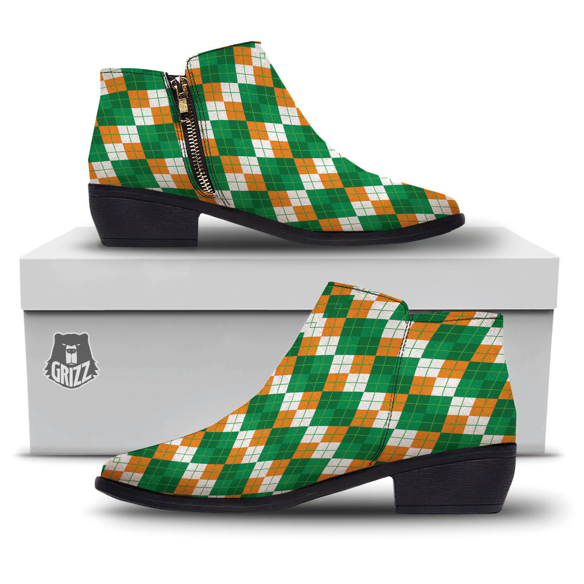 Argyle Irish Themed Print Pattern Ankle Boots-grizzshop