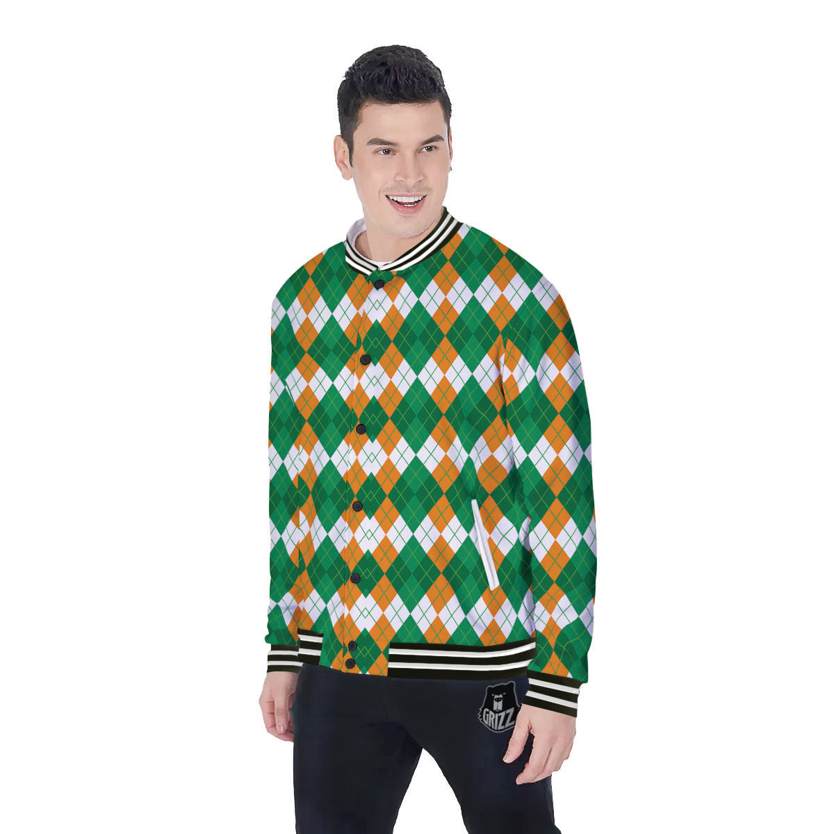 Argyle Irish Themed Print Pattern Baseball Jacket-grizzshop