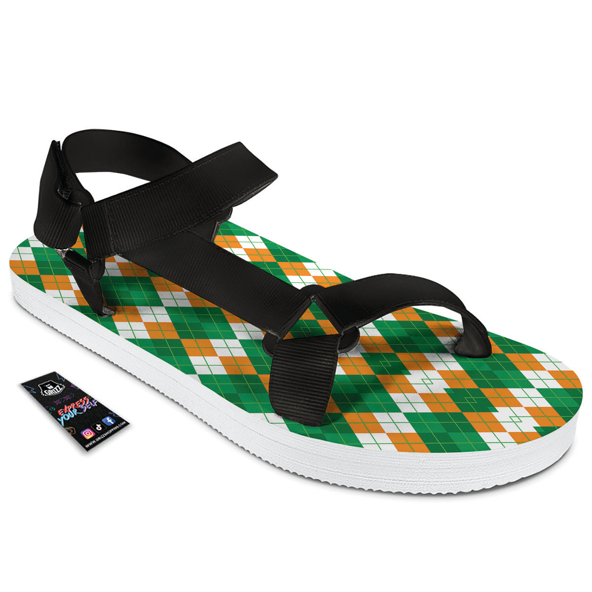 Argyle Irish Themed Print Pattern Black Open Toe Sandals-grizzshop