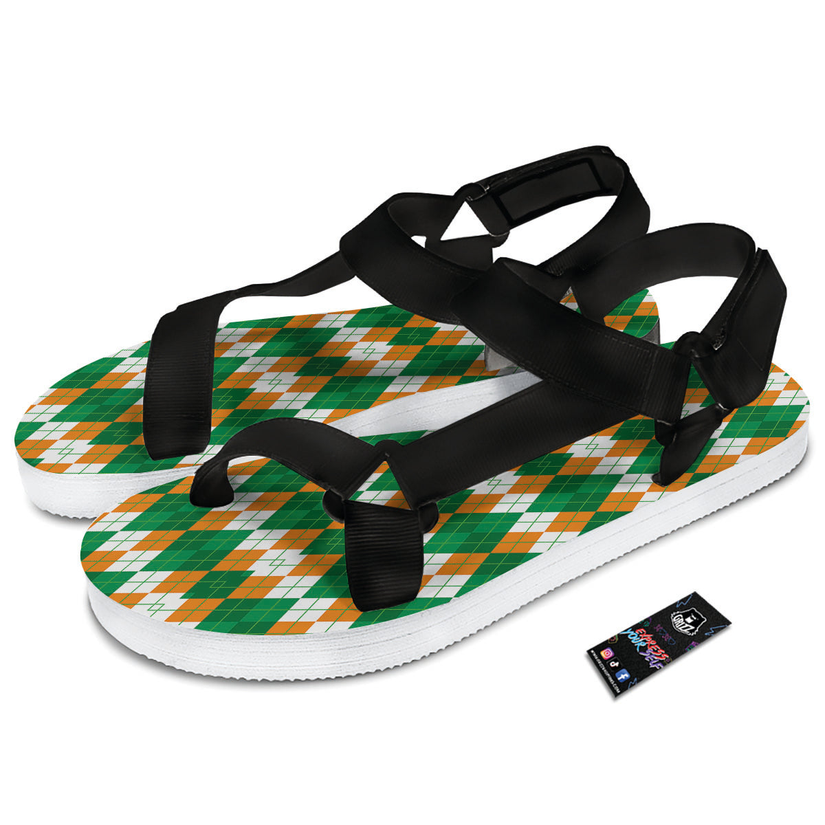 Argyle Irish Themed Print Pattern Black Open Toe Sandals-grizzshop