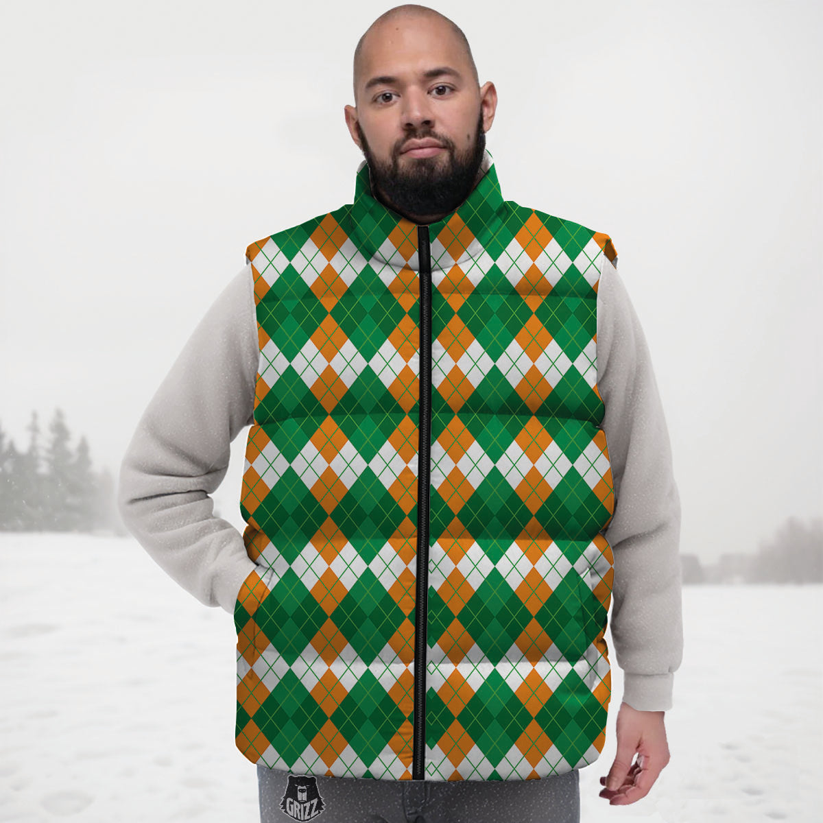 Argyle Irish Themed Print Pattern Down Vest-grizzshop