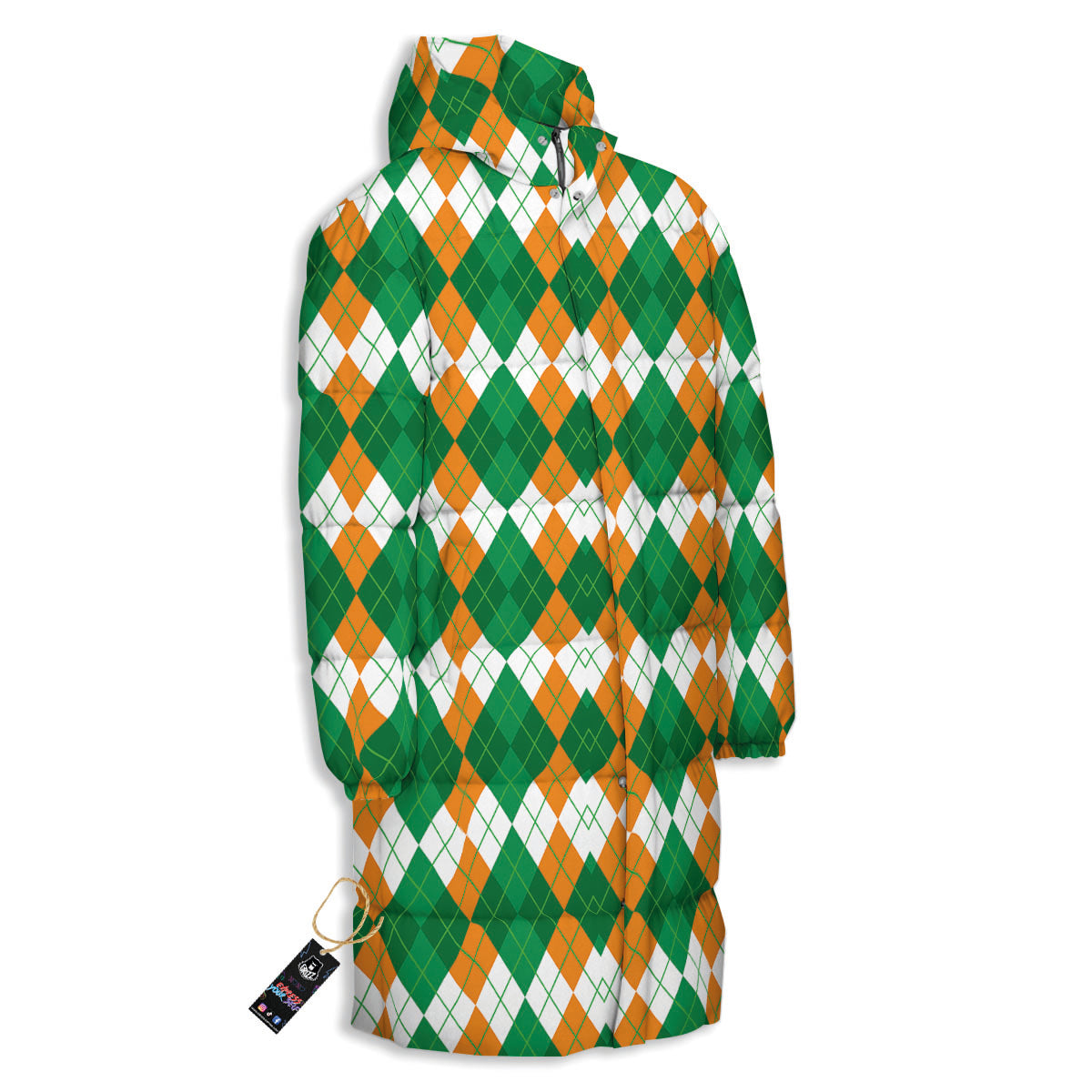 Argyle Irish Themed Print Pattern Long Down Jacket-grizzshop