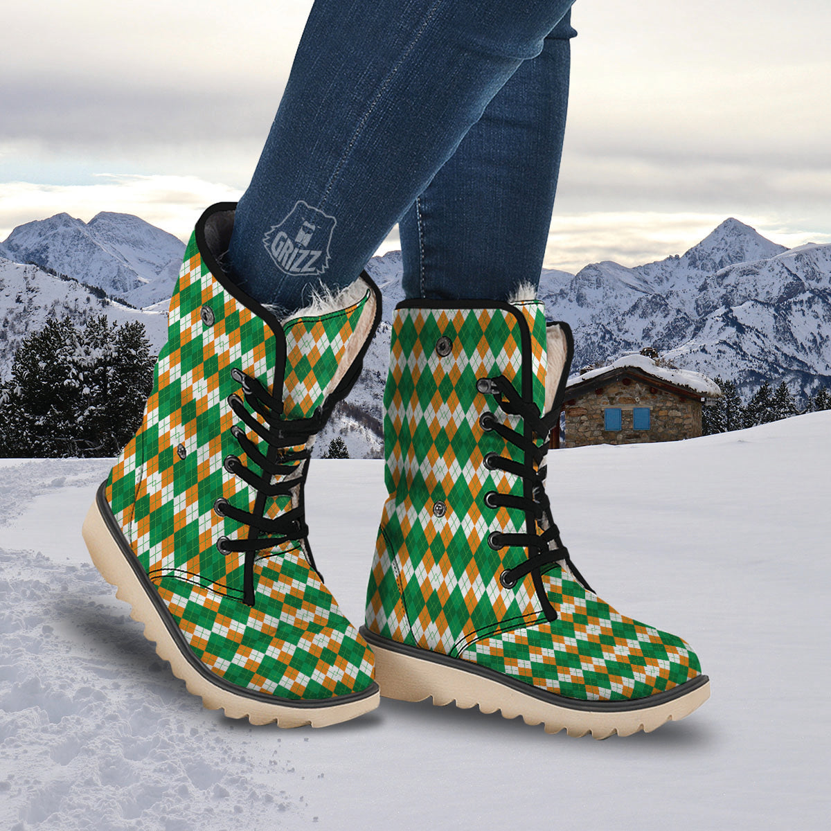 Argyle Irish Themed Print Pattern Snow Boots-grizzshop