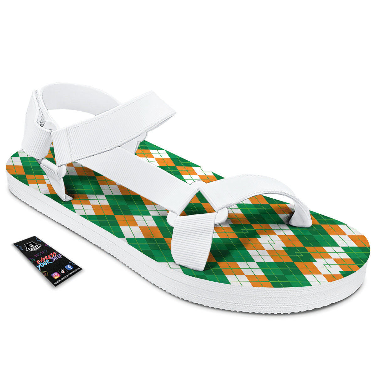 Argyle Irish Themed Print Pattern White Open Toe Sandals-grizzshop