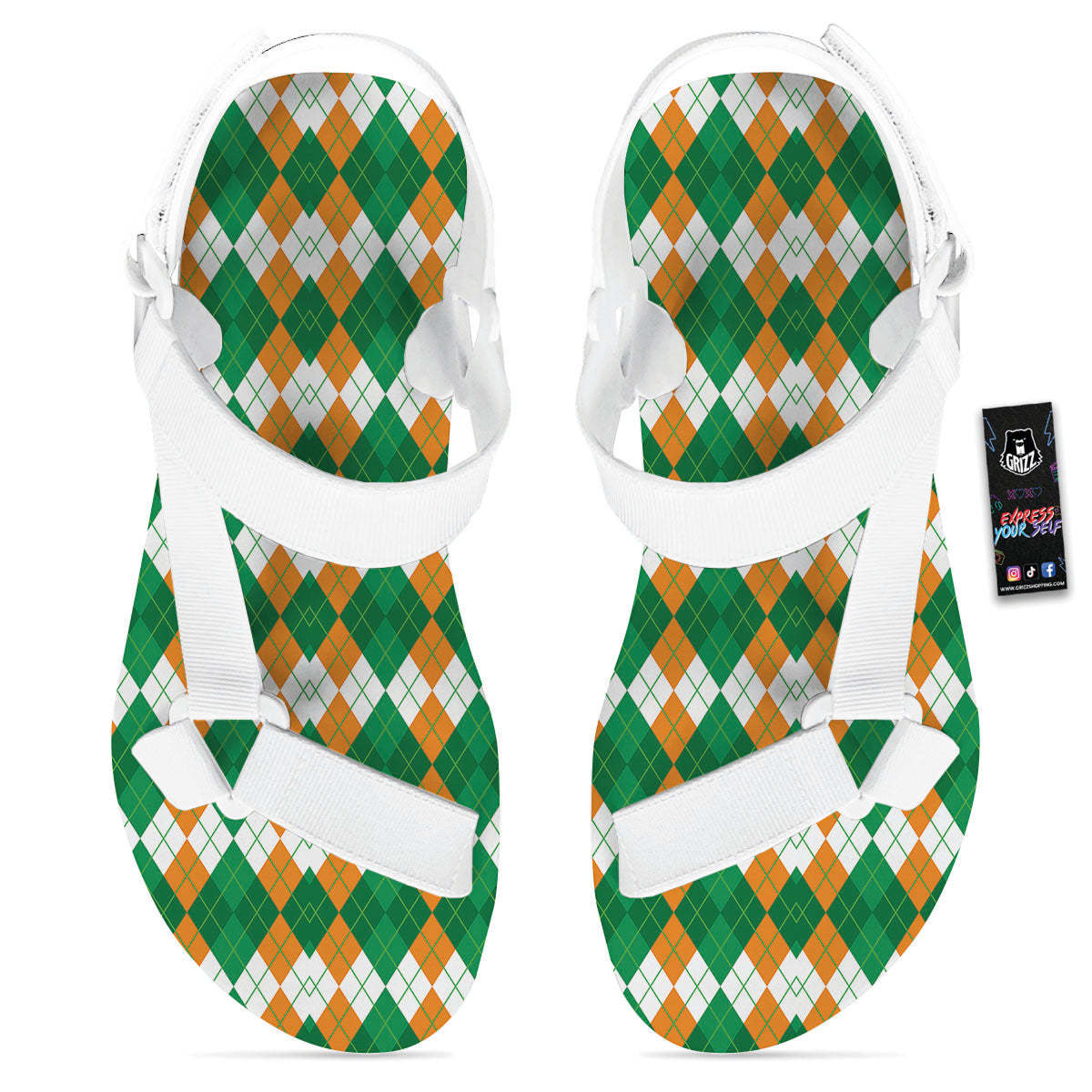 Argyle Irish Themed Print Pattern White Open Toe Sandals-grizzshop