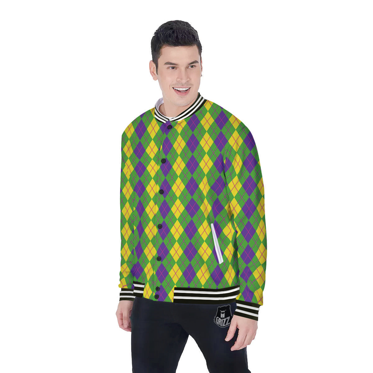 Argyle Mardi Gras Print Pattern Baseball Jacket-grizzshop