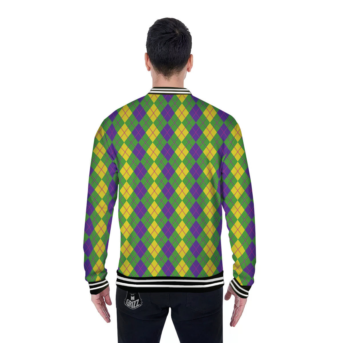 Argyle Mardi Gras Print Pattern Baseball Jacket-grizzshop