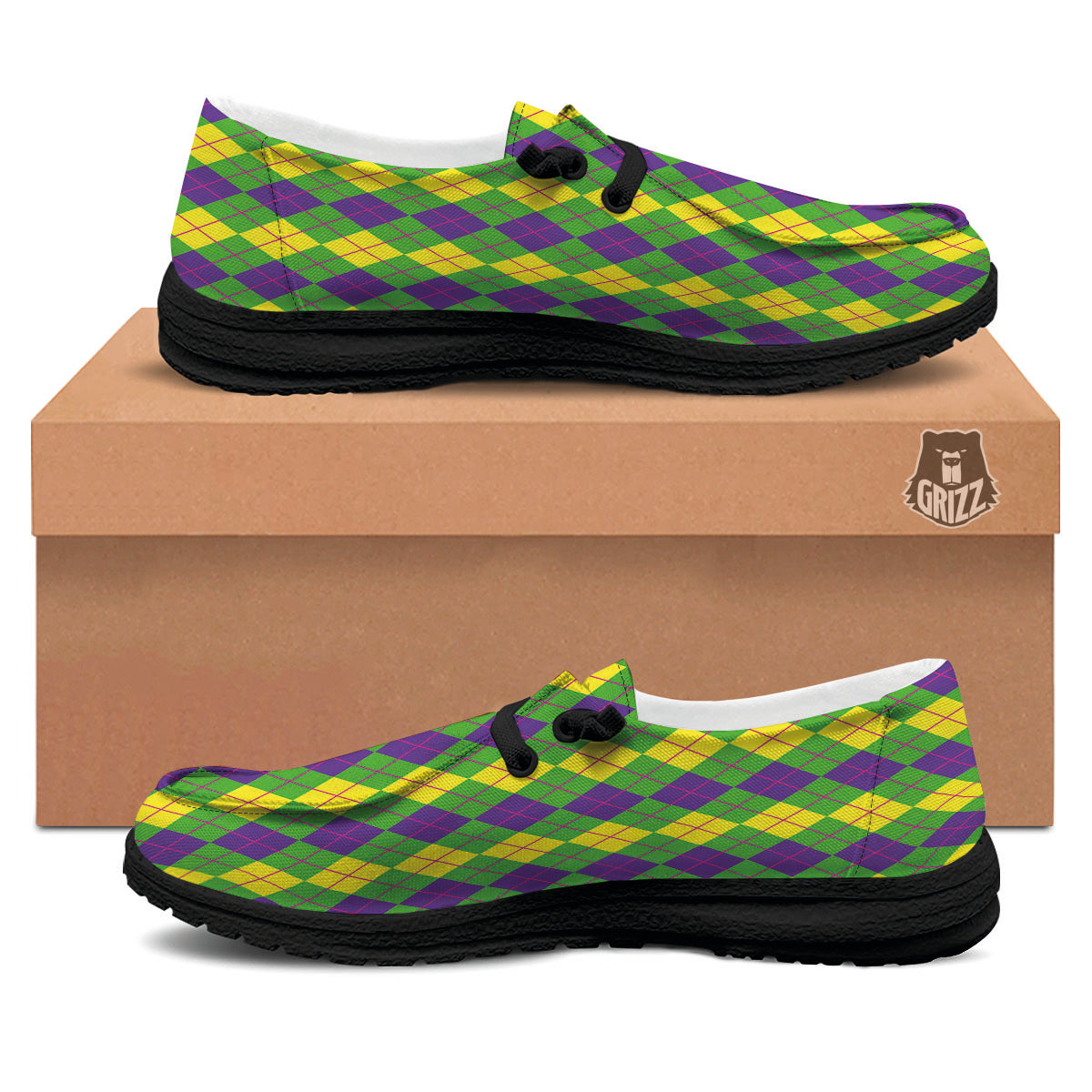 Argyle Mardi Gras Print Pattern Black Loafers-grizzshop