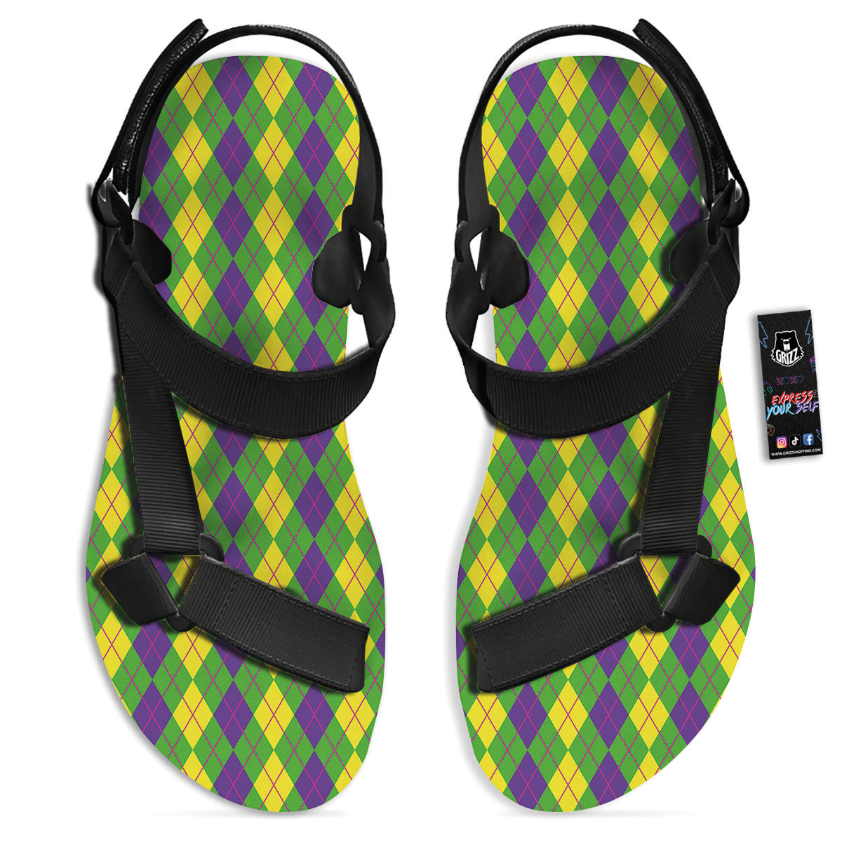 Argyle Mardi Gras Print Pattern Black Open Toe Sandals-grizzshop