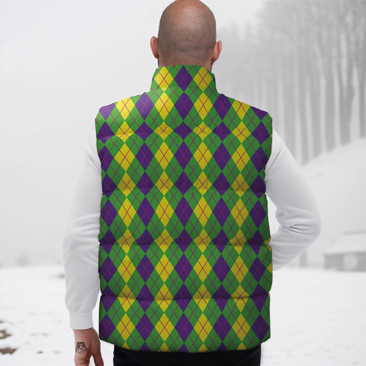 Argyle Mardi Gras Print Pattern Down Vest-grizzshop