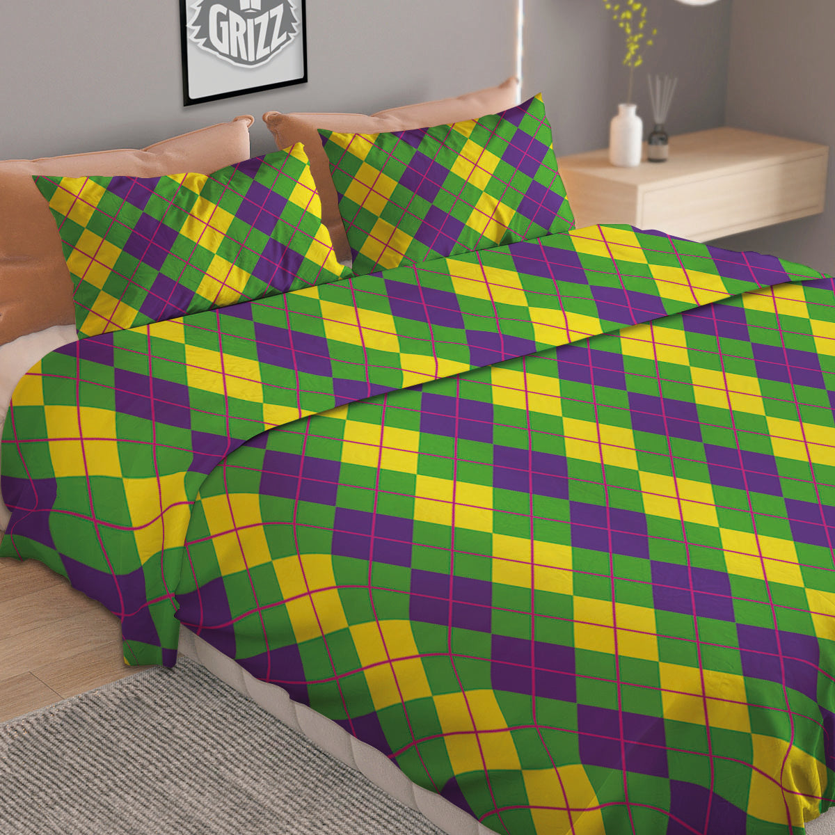 Argyle Mardi Gras Print Pattern Duvet Cover Bedding Set