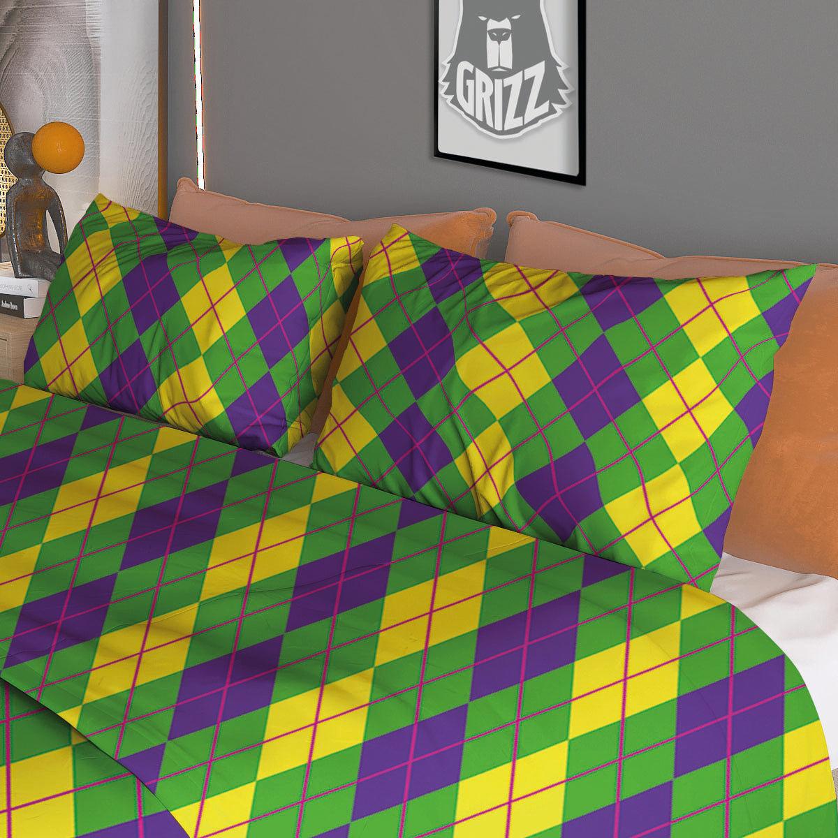 Argyle Mardi Gras Print Pattern Duvet Cover Bedding Set