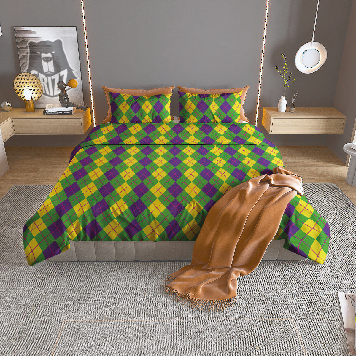 Argyle Mardi Gras Print Pattern Duvet Cover Bedding Set