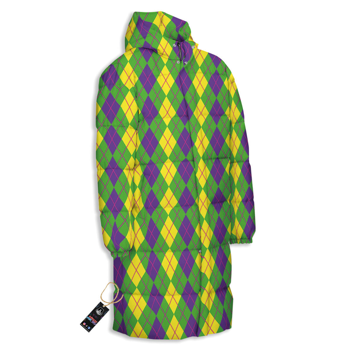 Argyle Mardi Gras Print Pattern Long Down Jacket-grizzshop