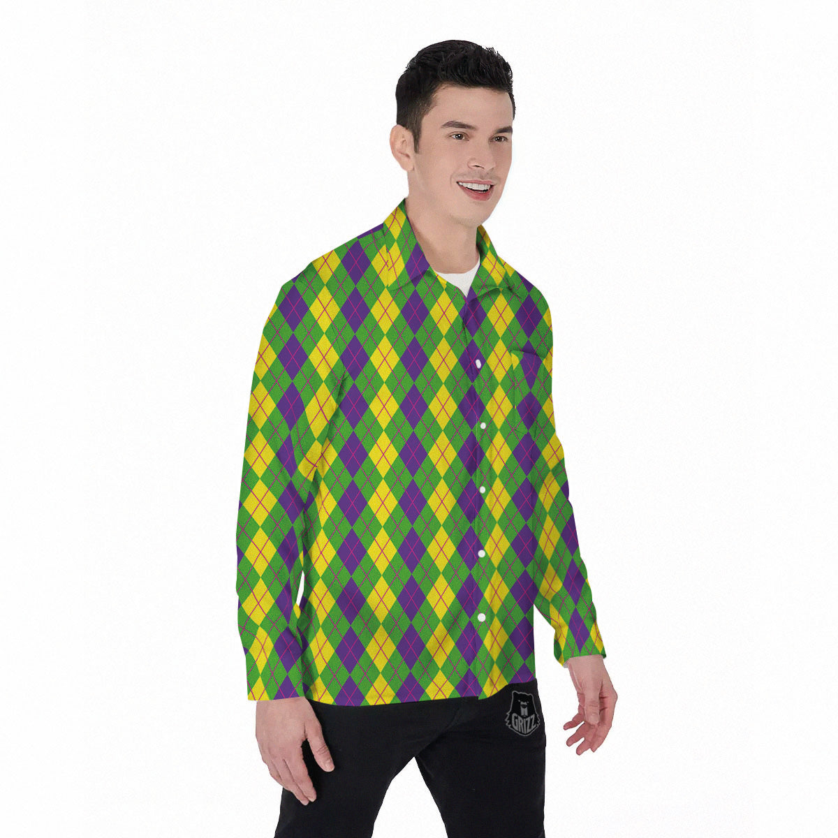 Argyle Mardi Gras Print Pattern Men's Long Sleeve Shirts-grizzshop