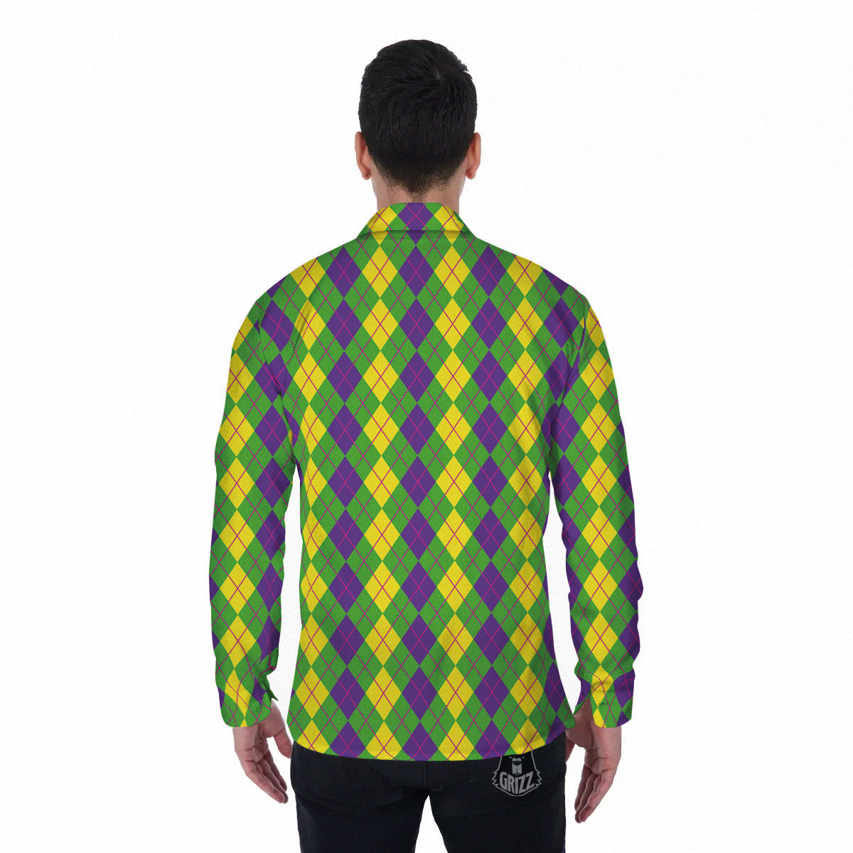 Argyle Mardi Gras Print Pattern Men's Long Sleeve Shirts-grizzshop