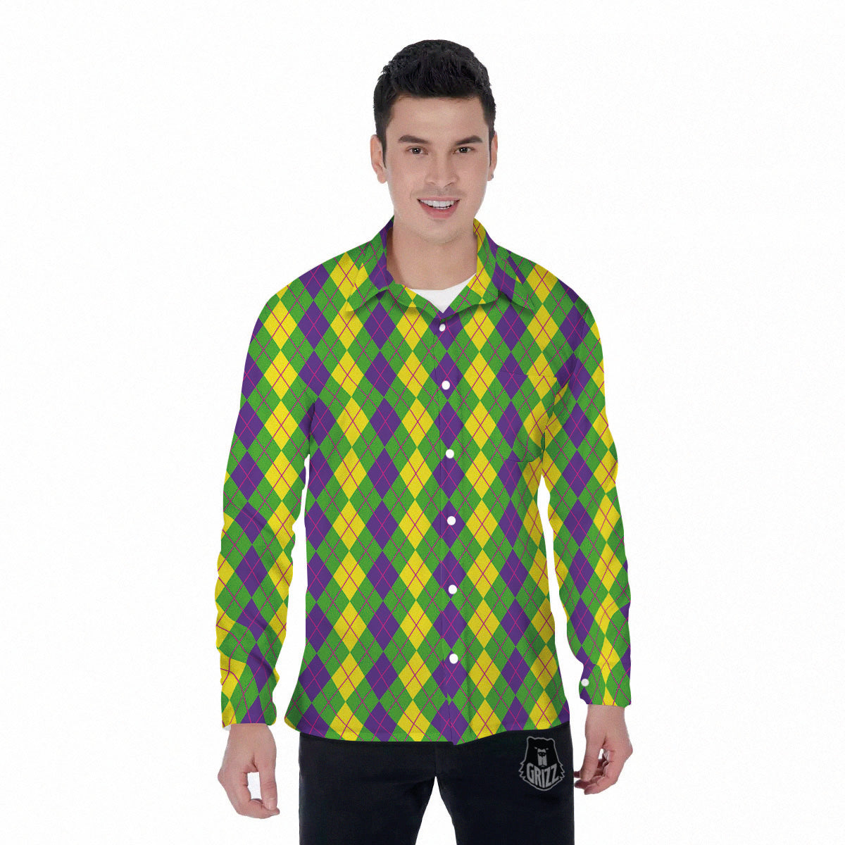Argyle Mardi Gras Print Pattern Men's Long Sleeve Shirts-grizzshop