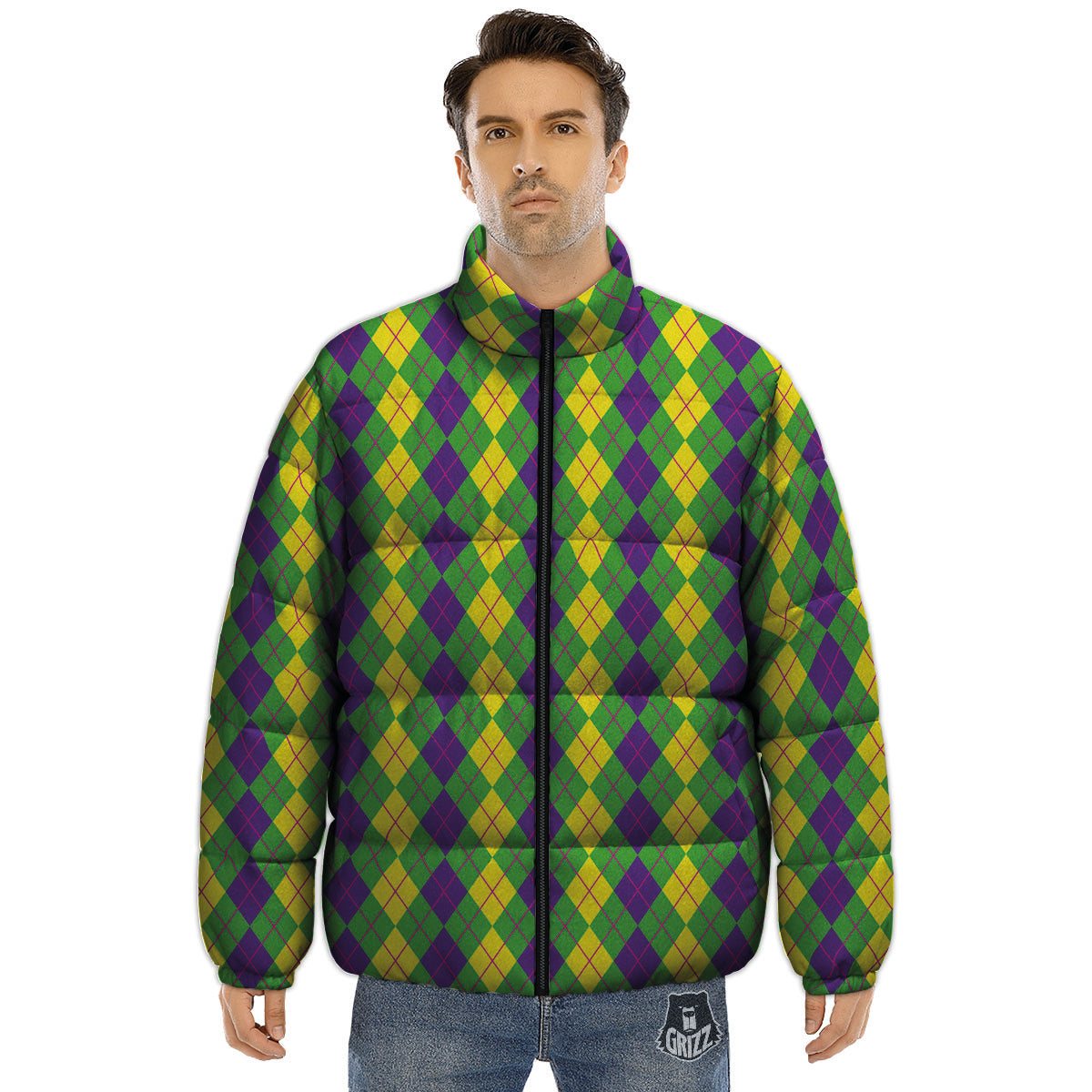 Argyle Mardi Gras Print Pattern Puffer Jacket-grizzshop